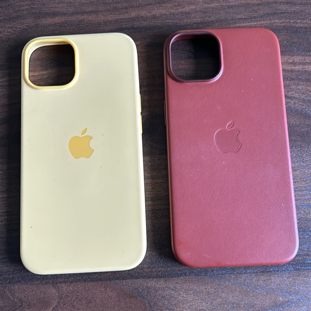 LIKE NEW bundle of two iPhone 14 cases by Apple in Sunflower and Brown Leather.
